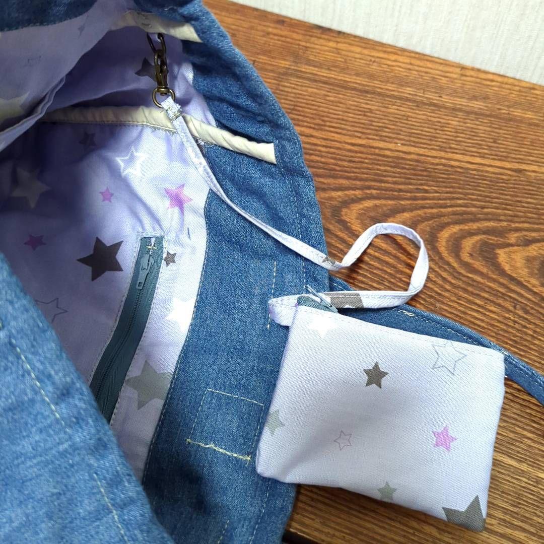 ハンドメイド　リメイク　バッグ　デニム　編み上げデザイン　トートバッグ　ポーチ付