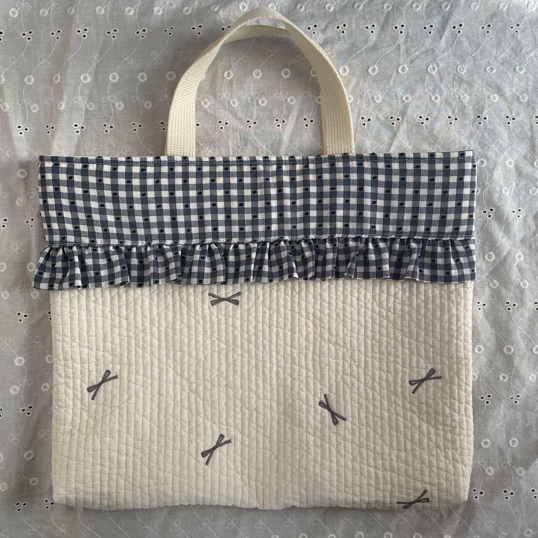 ヌビ入園入学セット　3点セット　りぼん刺繍　生成り　オフホワイト　レッスンバッグ