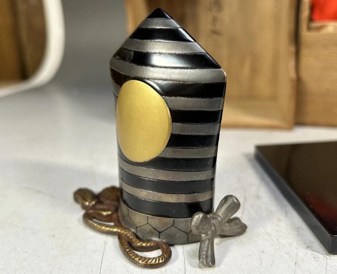 時代　三番叟 烏帽子 小林美春 銅 置物　楊枝入れ 小物入れ　茶道具　桐箱
