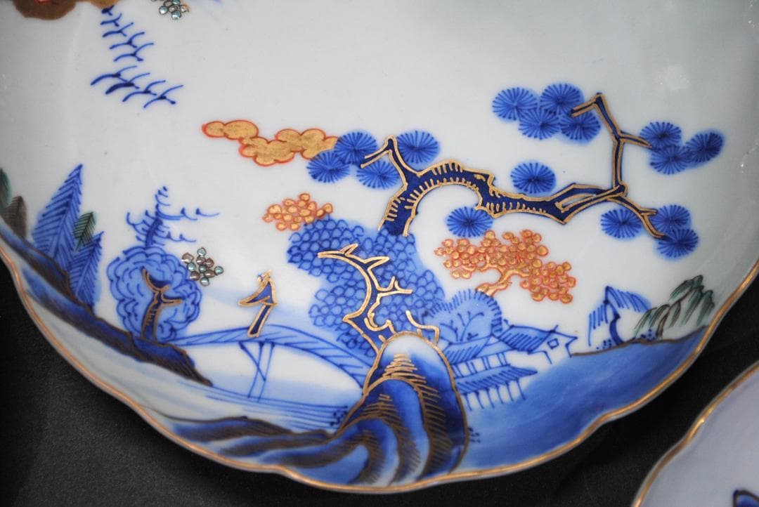 古伊万里色絵山水図成化年製 六寸皿 五客 時代 会席料理 和食器 日本料理 料亭