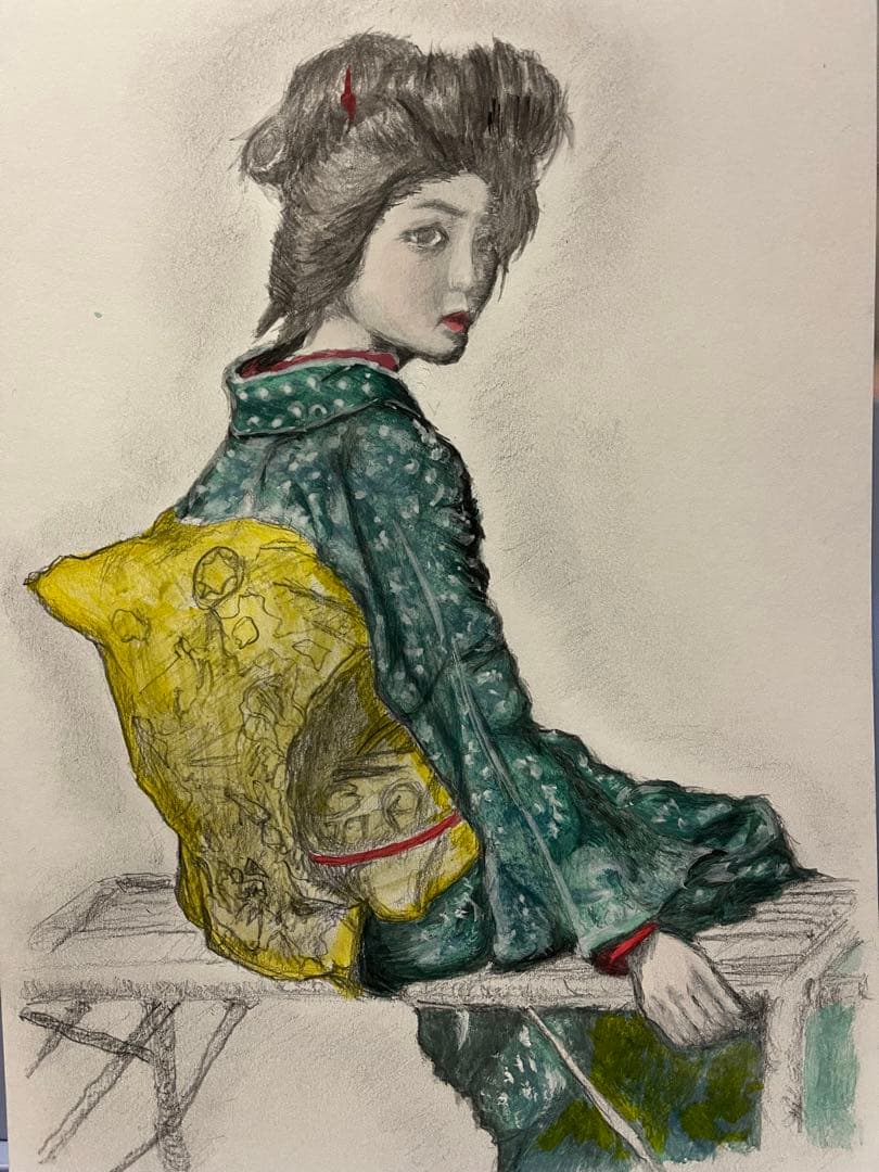 和服の女性 水彩画 木製フレーム付き