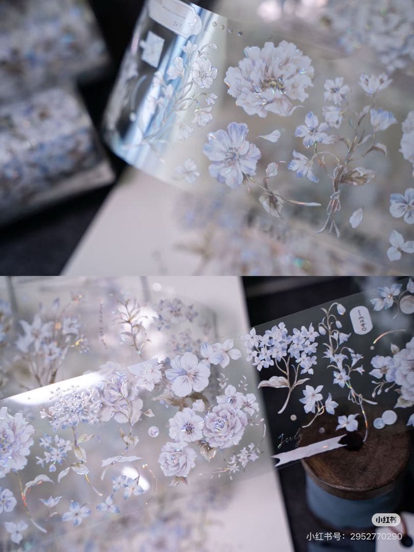【9605】海外　マステ　5m巻　貝殻光マスキングテープ　お花　白　装飾系