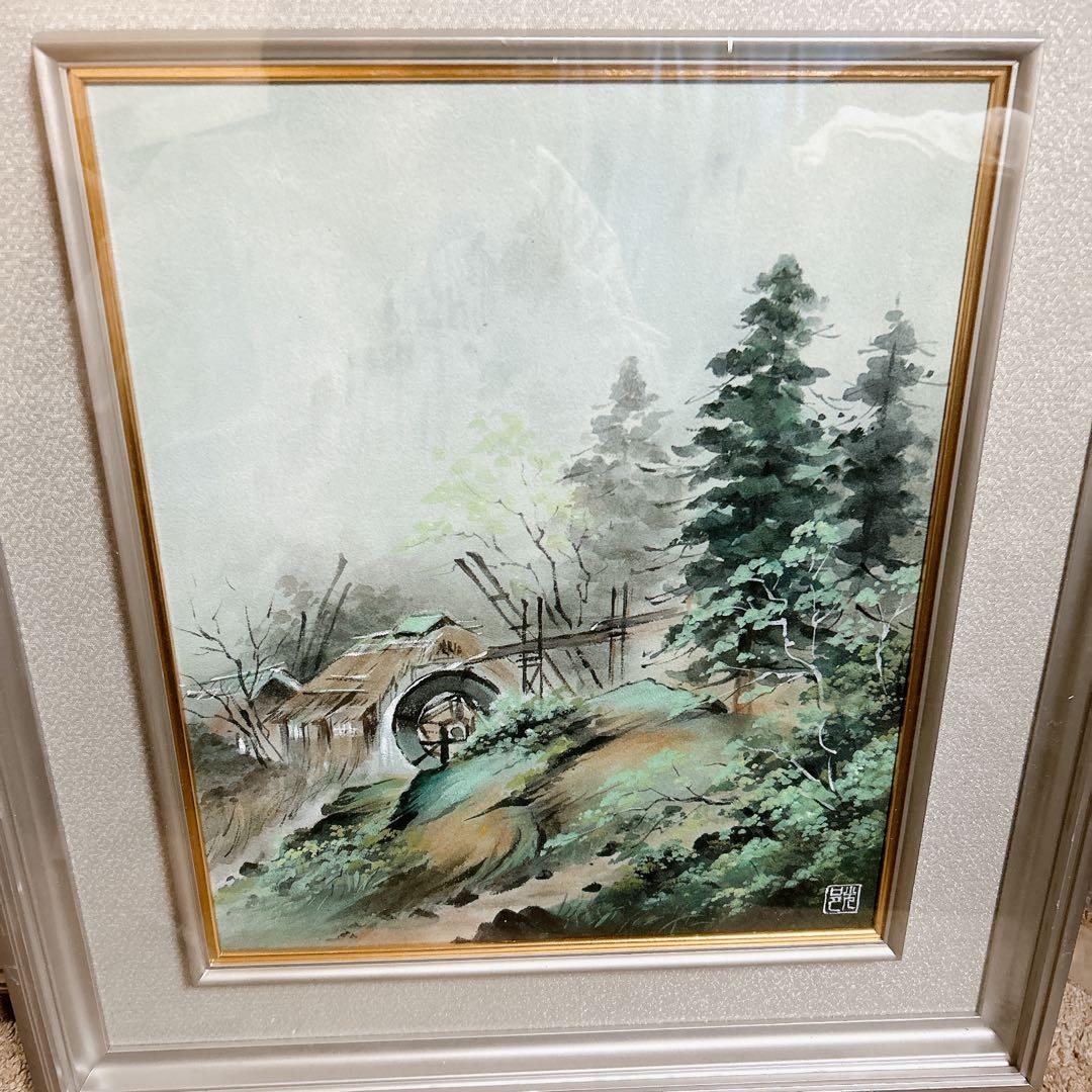 風景画　日本絵画　四季の山水　風車　額縁付き