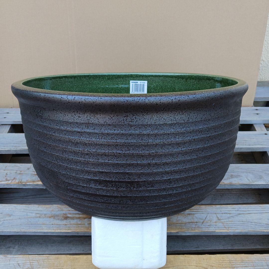 新品　特大50　陶器睡蓮鉢　メダカ鉢　難有　エメラルドグリーン　緑黒　高級LBK