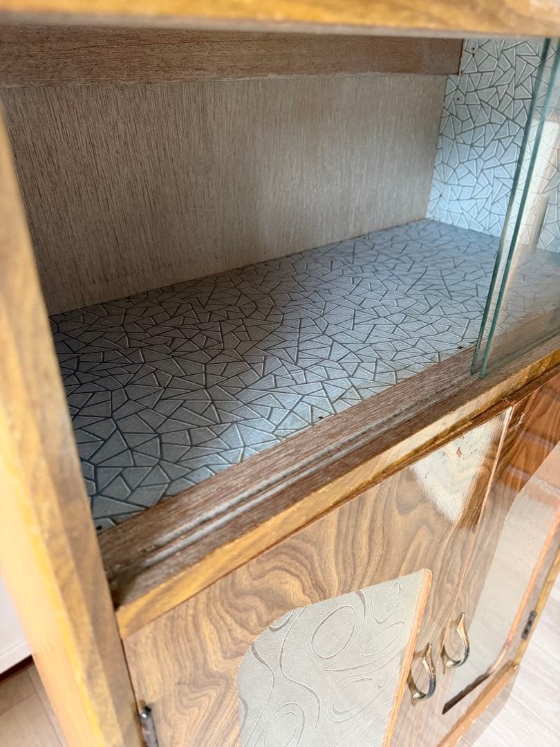 昭和型板ガラス キャビネット 戸棚 水屋箪笥 飾り棚　アンティーク 昭和レトロ