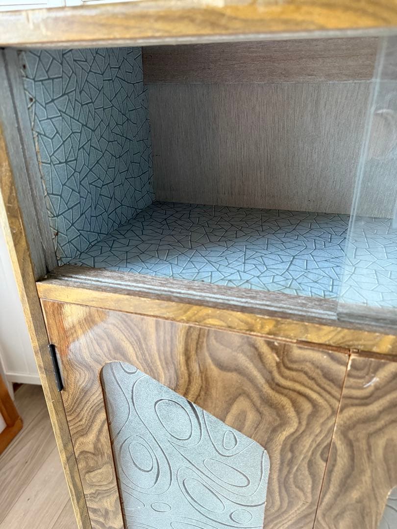 昭和型板ガラス キャビネット 戸棚 水屋箪笥 飾り棚　アンティーク 昭和レトロ