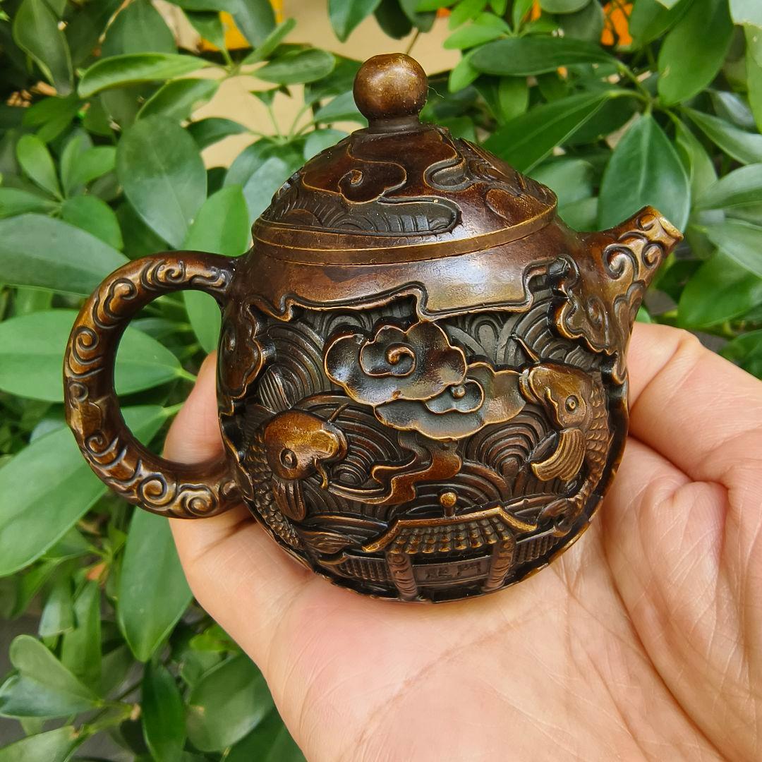 浮彫鯉躍龍門茶壺 酒壺 家庭茶道 工芸品 置物 銅製品
