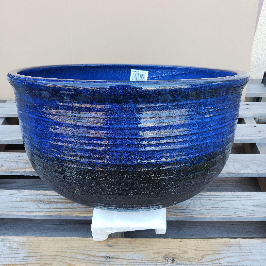 新品　∅50　特大　陶器　睡蓮鉢　手造り　メダカ鉢　難有　ラピスブルー　青LDB
