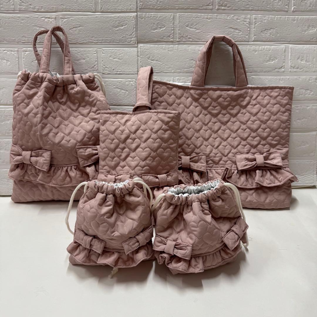 5点セット　入園　入学　レッスンバッグ　ハートキルティング　体操服袋　上履き袋