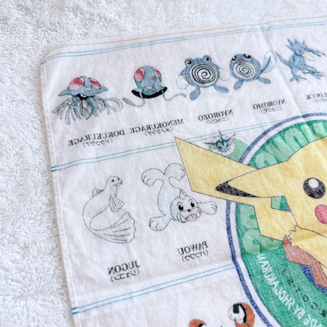 ポケットモンスターピカチュウ図鑑風ハンカチーフ当時物平成レトロレアミニタオル白