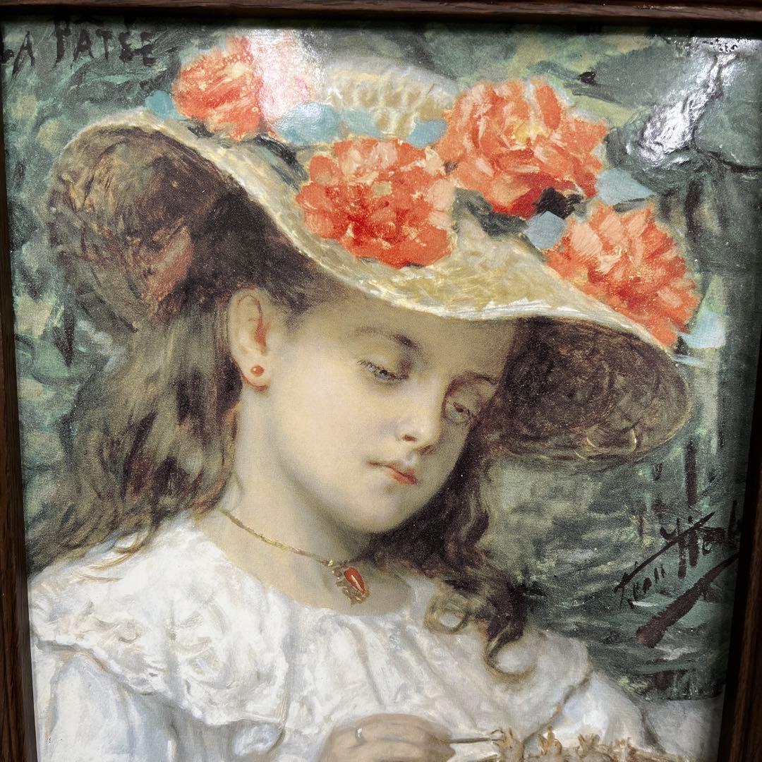 小鳥に餌をやる少女　絵画　LEON HERBO タカラホーローパネル仕上げ