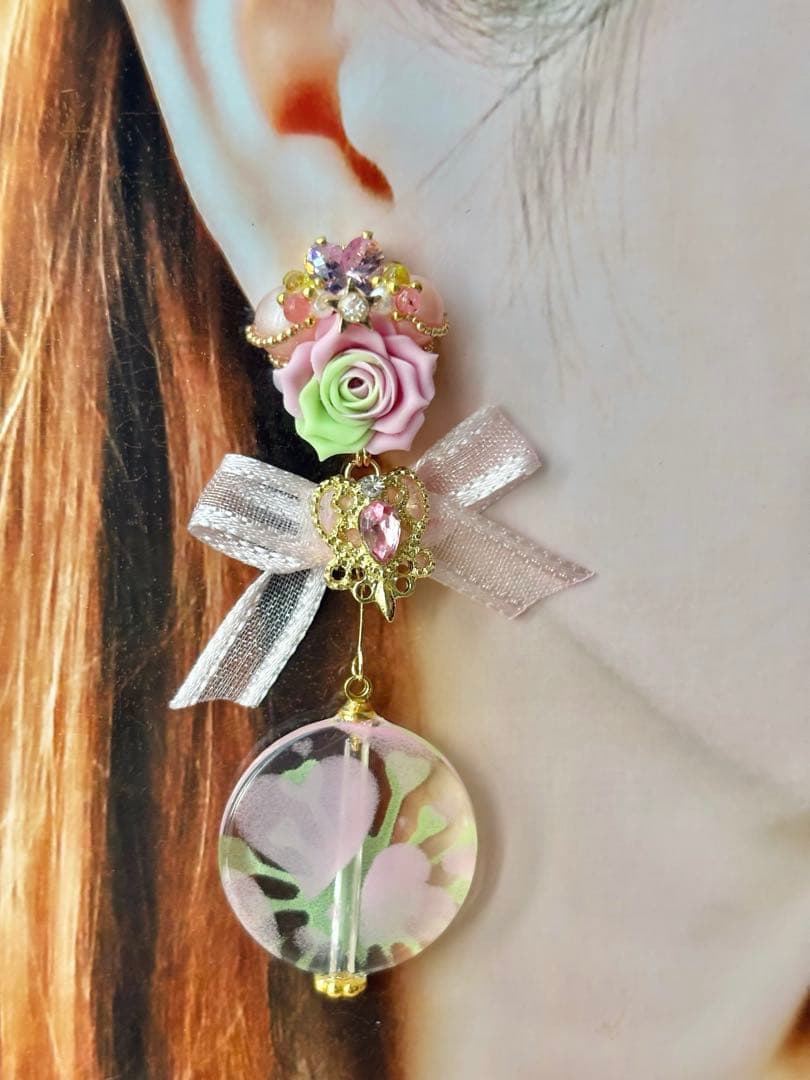 薔薇ビジュー♡ペイントビーズ　ピアス/イヤリング✩*