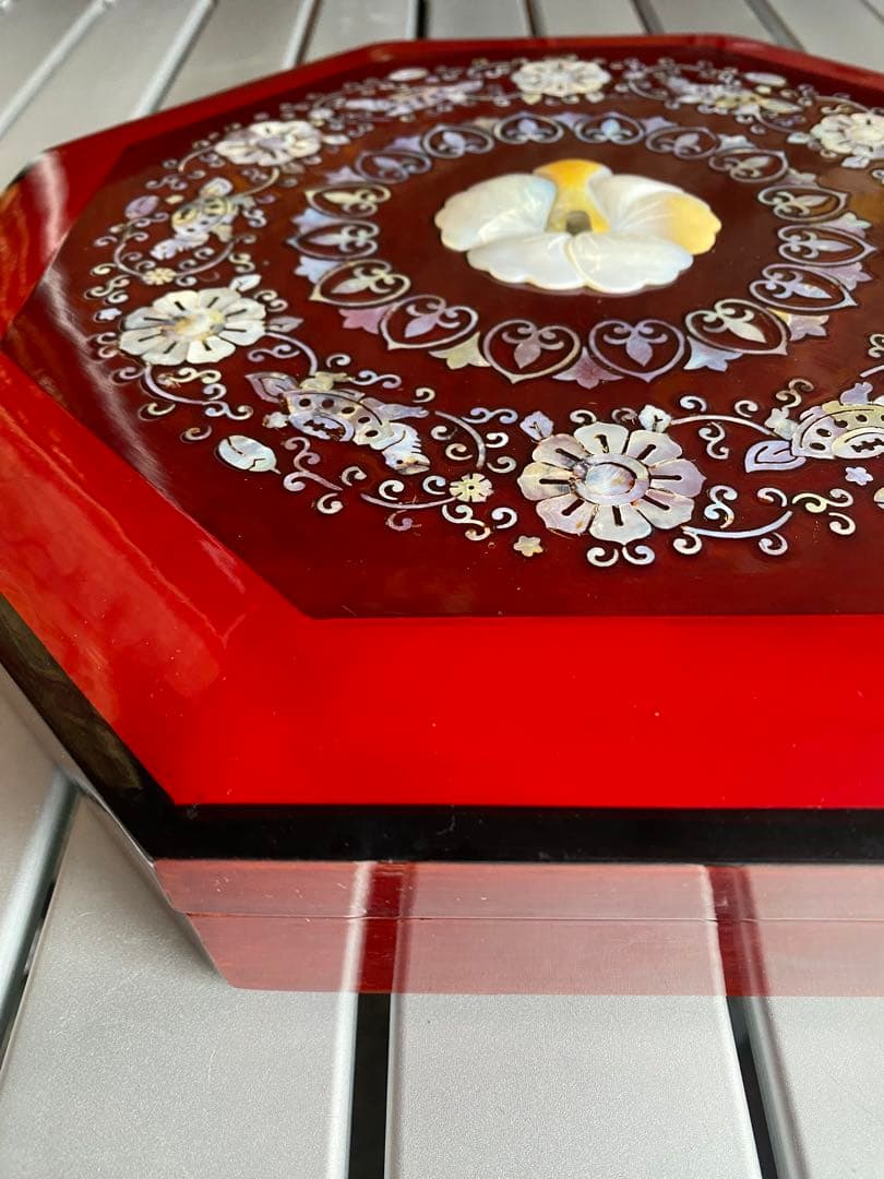 八角形重箱　八角形螺鈿細工　漆器　菓子箱　重箱　オードブル