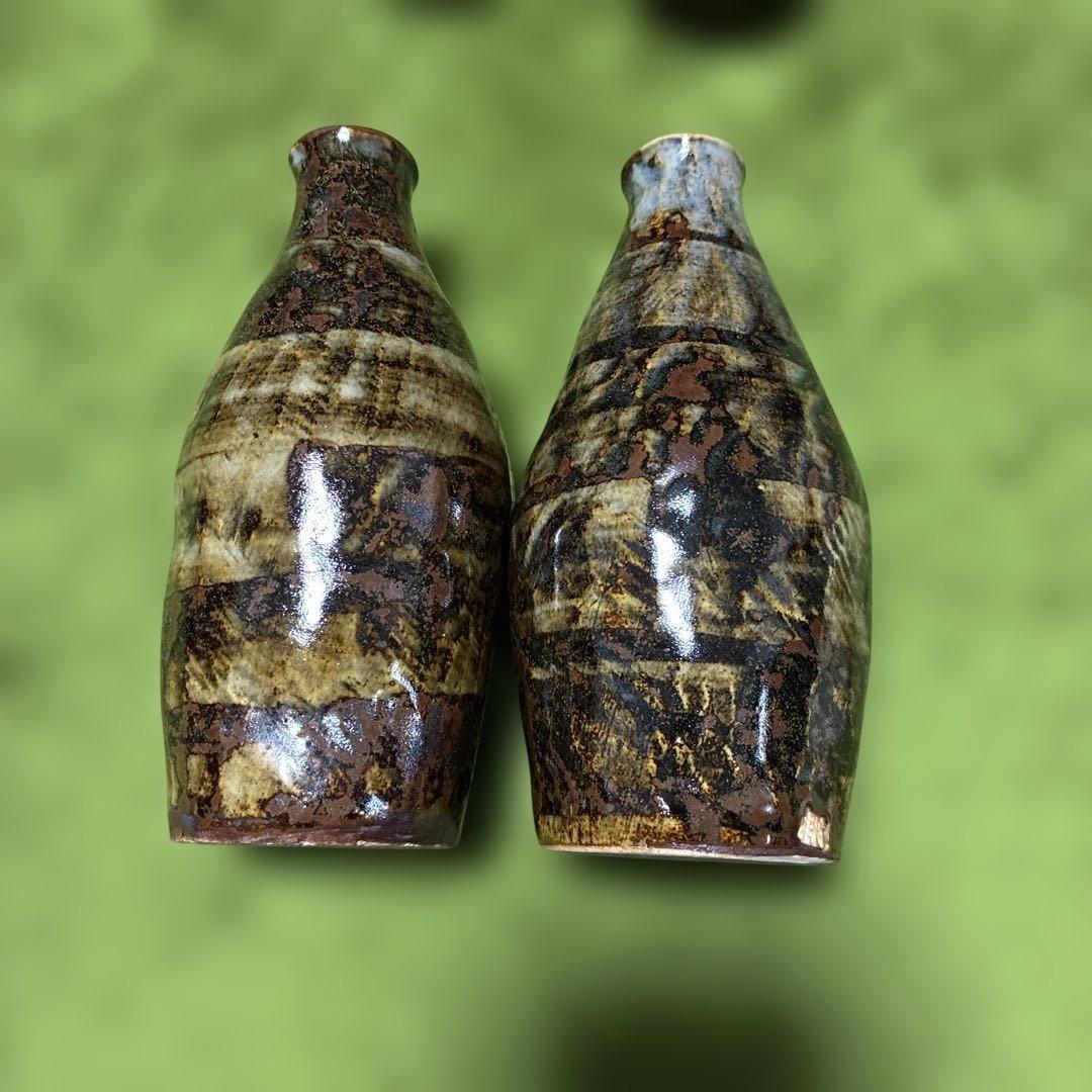 陶器の酒器セット 茶色のグラデーション　徳利とお猪口　福光焼　松村栄吉作