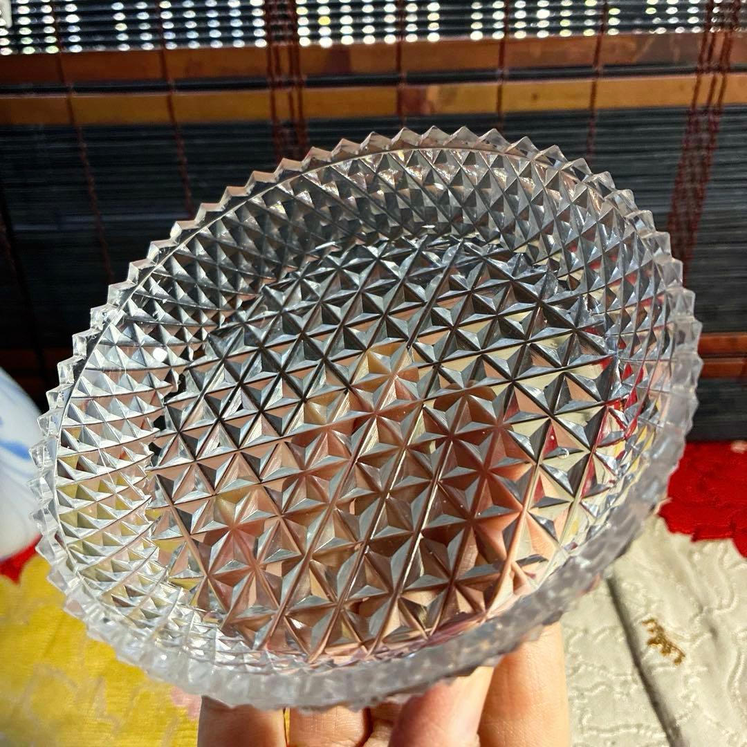 骨董　時代ガラス　麻葉切子　ギヤマン　精密カット　平皿　茶道具　ウランガラス