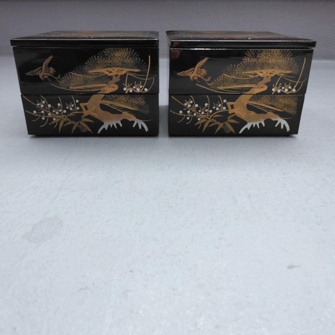 黒塗二段重 内朱塗 本漆 蒔絵 鶴 松 重箱 2組 木製懐石 時代物