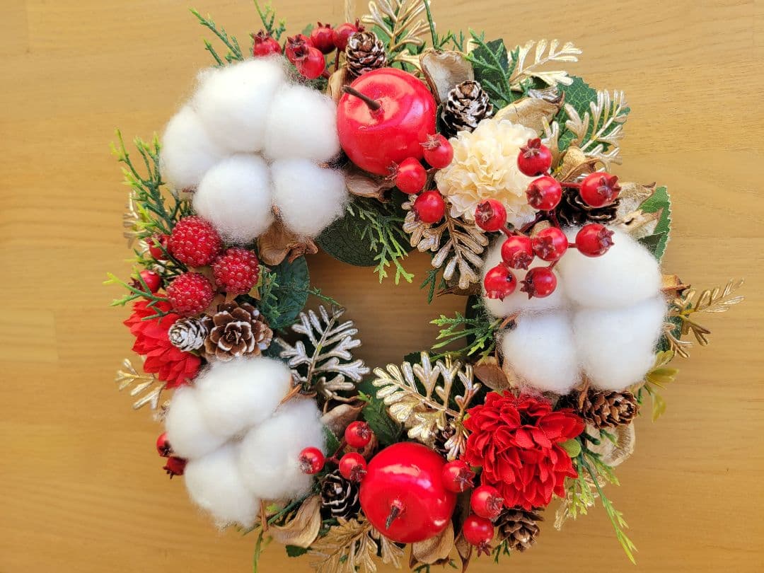 Christmas　クリスマスリース　コットンフラワー　冬　ナチュラルリース