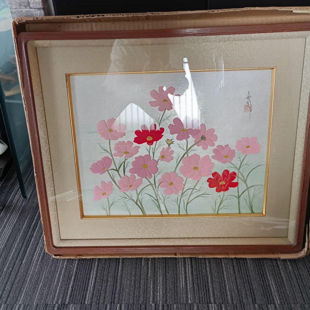 ​【一点物】押し絵 額装「コスモス」落款入り 伝統工芸 壁掛け 豪華額縁 秋桜
