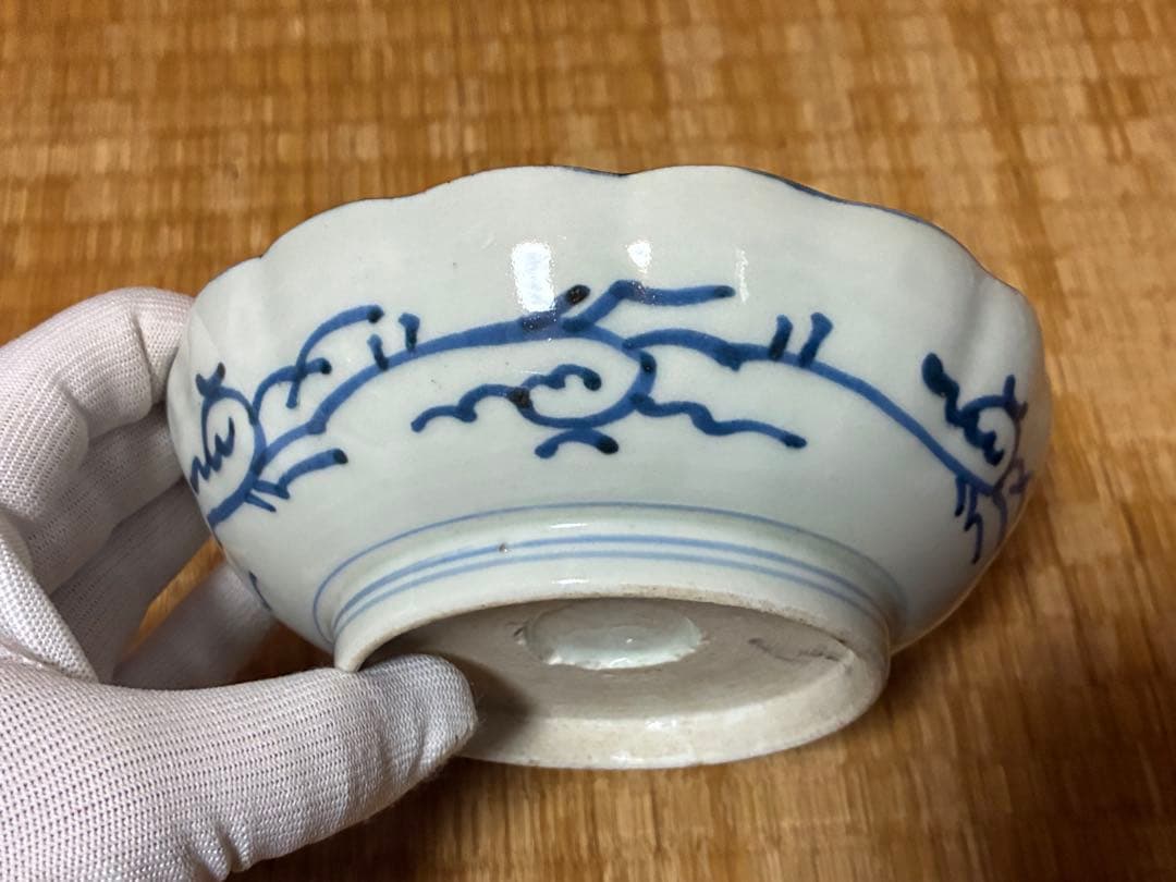 古伊万里 染付 風景 鶴図 波型 中皿 五枚揃い 時代物