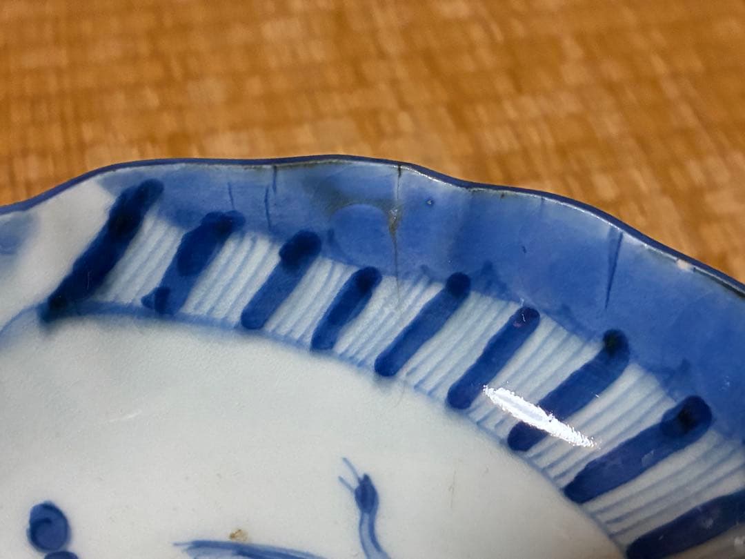 古伊万里 染付 風景 鶴図 波型 中皿 五枚揃い 時代物