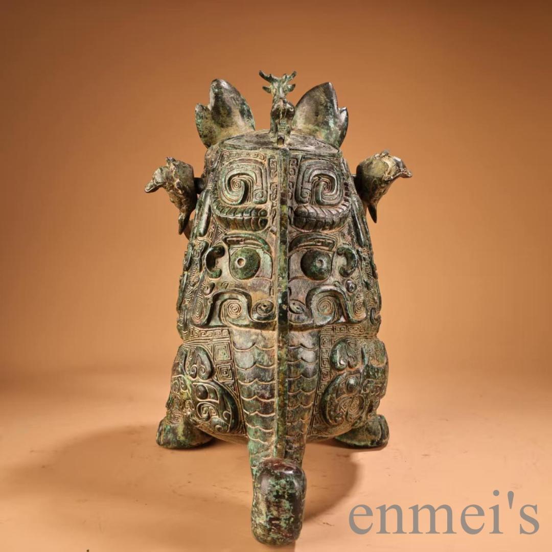 中国古美術 旧蔵『青銅器 提梁抱嬰獸壺』高浮彫 大型銅壺 青銅器 文房置物 賞物