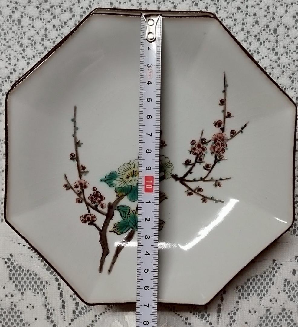 八角形の花と鳥の絵皿 10インチ