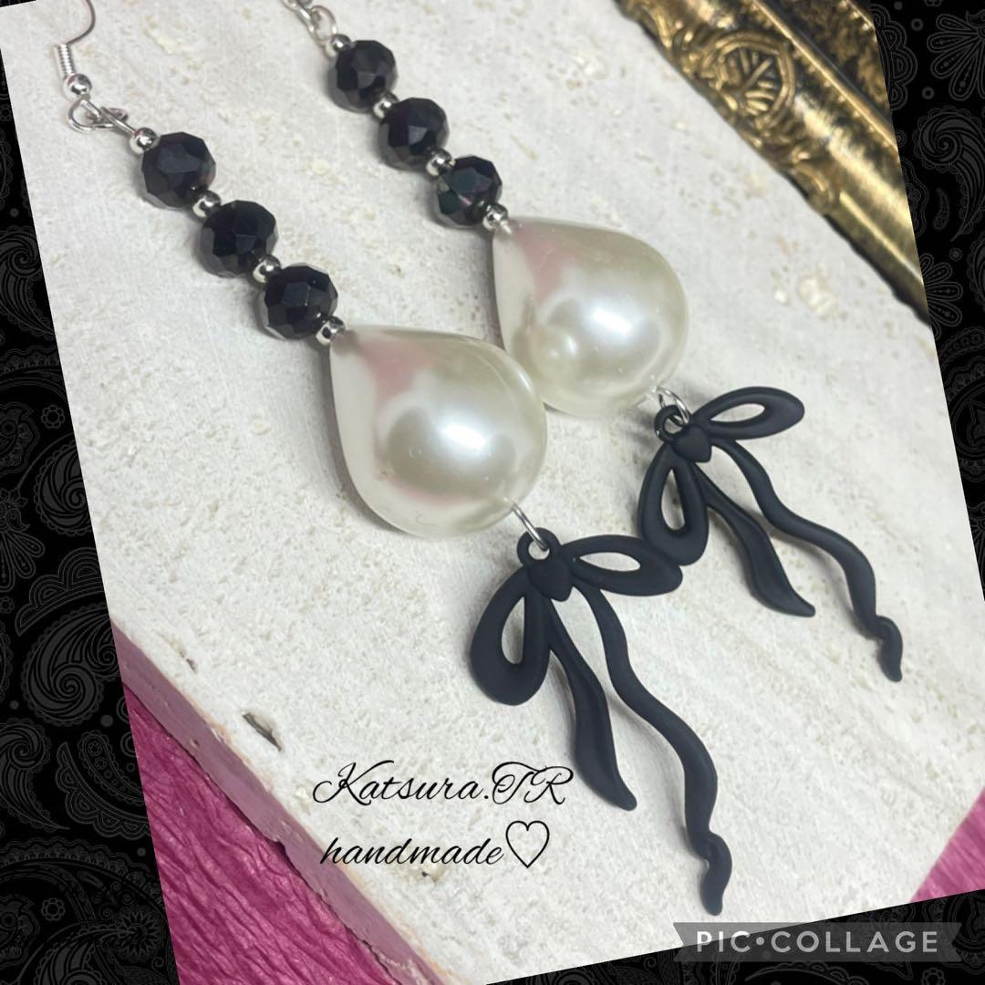 No.1204 しずくパールとリボンのロングピアス　パールピアス