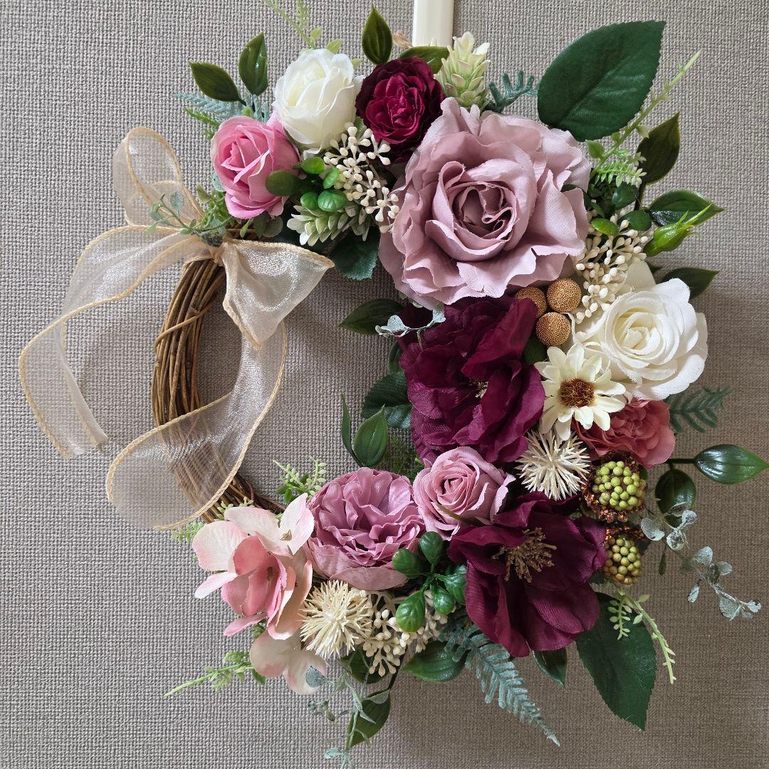 フラワーリース 秋麗19 咲き誇る花たち 秋冬 玄関リース 造花